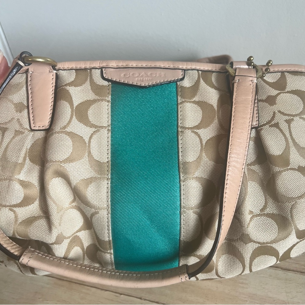 Coach Tan Signature Canvas Tote with Teal Center Stripe - Picture 11 of 16